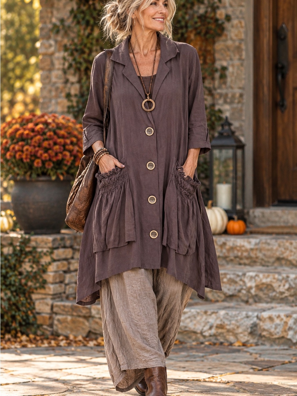For Cynthia S Linen Blend Lagenlook Tunic Jacket Dress Ruched Pockets Boho Coast